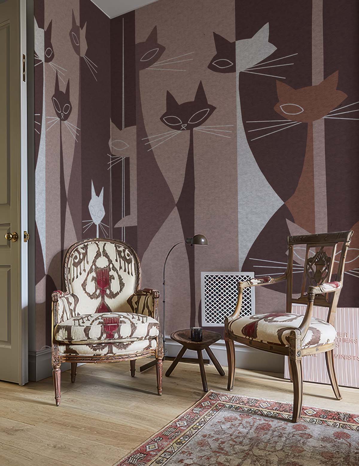 Cat Mat, Stylized Cats in Retro Cocoa Stripes Wallpaper Mural