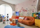 Flamingo Meadow, Enchanted Flamingos in a Hummingbird Meadow Wallpaper Mural M