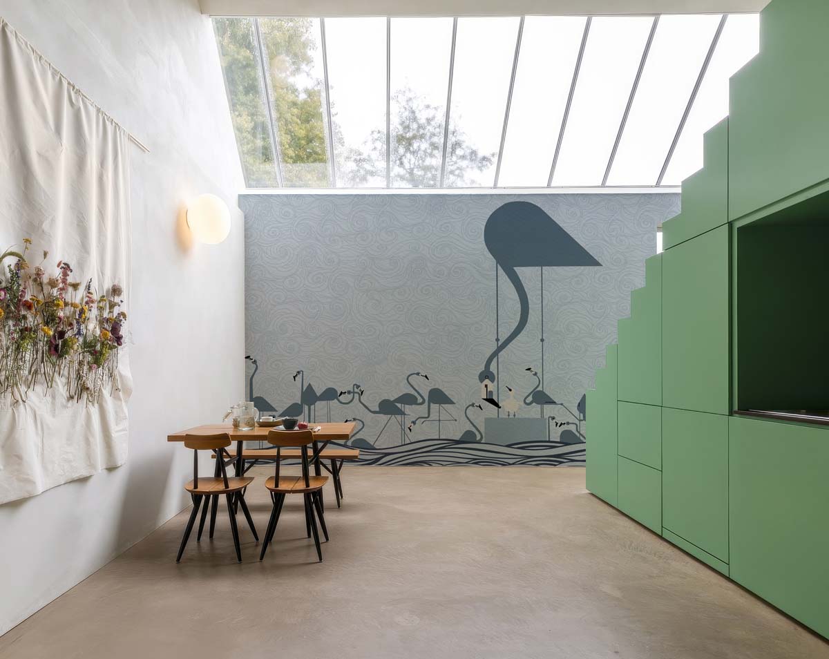 Flamingo Sonata, Serene Cranes in a Whispering Waves Wallpaper Mural M