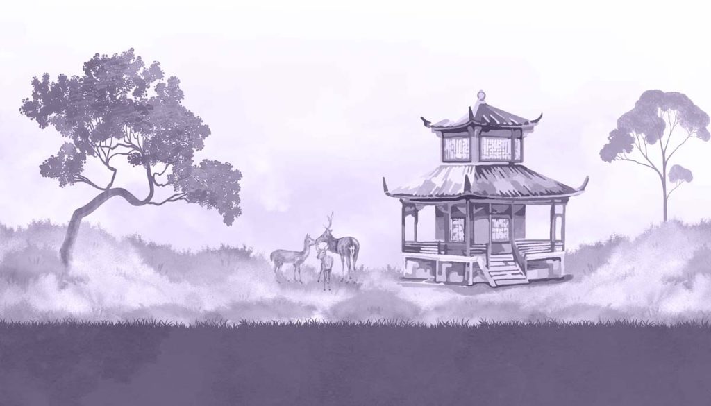 Lavender, Oriental Pagoda Deer Landscape Wallpaper