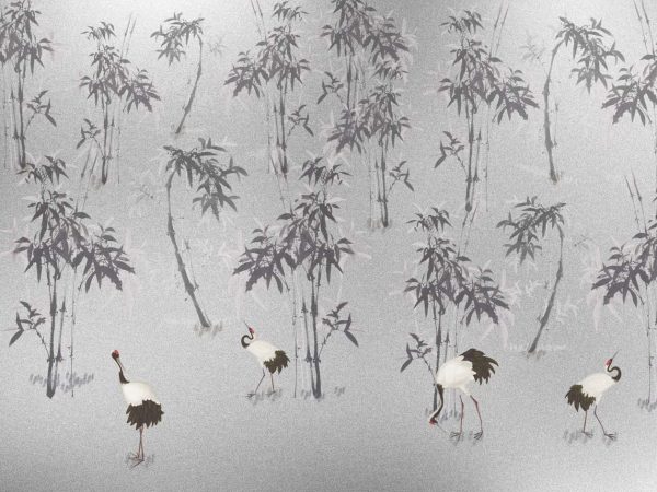 Mei, Gray Bamboo Crane Garden Wallpaper