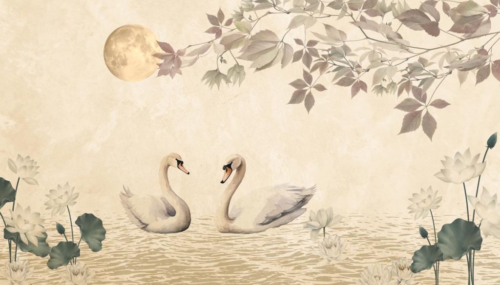 Moonlit Swanscape, Swan Pair in Dreamy Moonlit Setting Wallpaper Mural