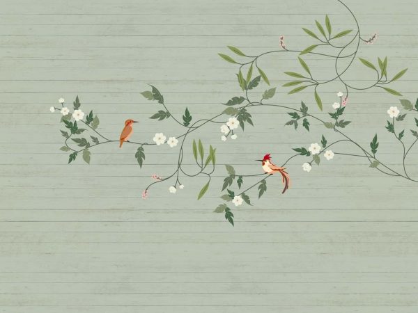 Penelope, Seafoam Green Garden Birds and Blossoms Wallpaper Mural