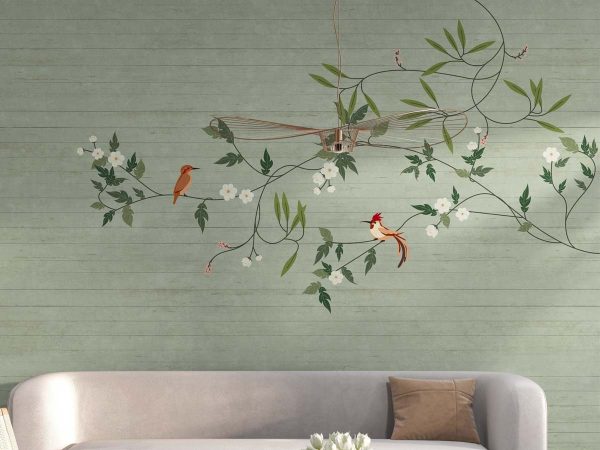 Penelope, Seafoam Green Garden Birds and Blossoms Wallpaper Mural