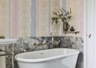 Stripelle, Whimsical Leaf-lined Stripes in Blush and Blue Wallpaper
