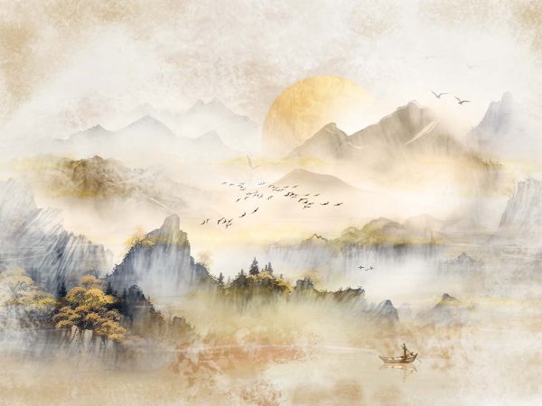 Zenscape, Peaceful Mountainous Retreat at Sunrise Wallpaper Mural